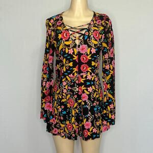 Express Floral Lace-Up Front Long Sleeve Romper Black Pink Women’s Size 8